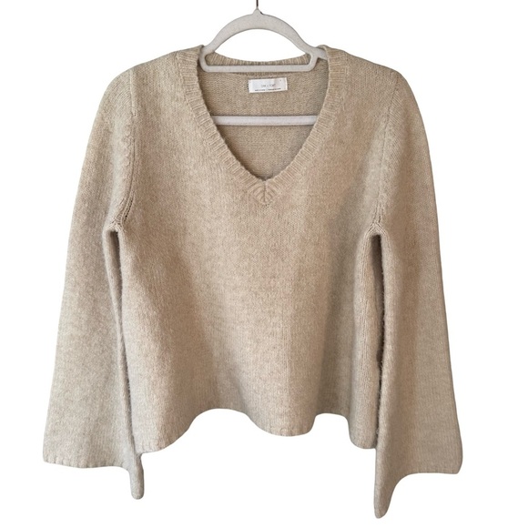 OAK + FORT Sweaters - OAK + FORT V-Neck Cream Sweater With Bell Sleeves Size S Fluffy Texture Boho